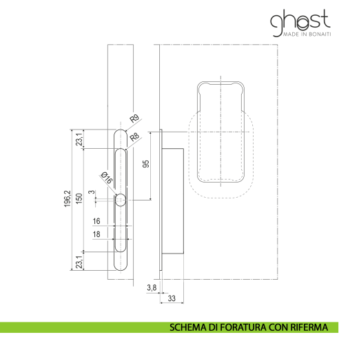 Maniglia invisibile Ghost Bonaiti passage con contropiastra per profilo in alluminio 310-GAL3 - disegno schema con riferma