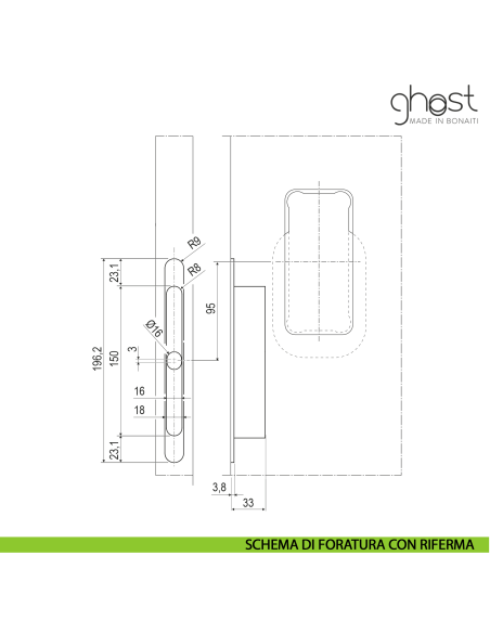 Maniglia invisibile Ghost Bonaiti passage con contropiastra per profilo in alluminio 310-GAL3 - disegno schema con riferma