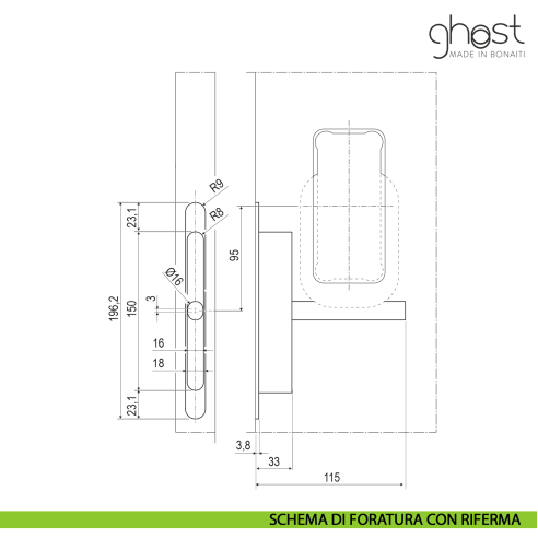 Maniglia invisibile Ghost Bonaiti privacy bagno con contropiastra per porta in legno 311-GF42 - disegno schema con riferma