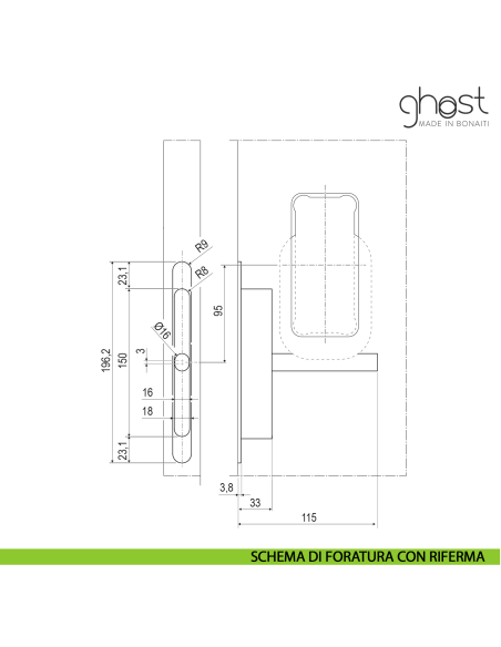 Maniglia invisibile Ghost Bonaiti privacy bagno con contropiastra per porta in legno 311-GF42 - disegno schema con riferma