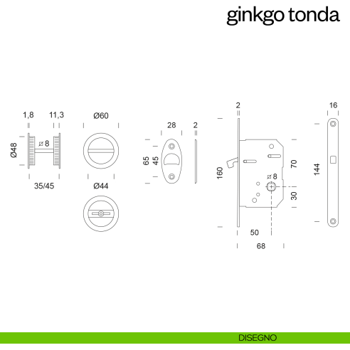 Maniglia incasso Ginkgo Tonda con nottolino e serratura dnd disegno