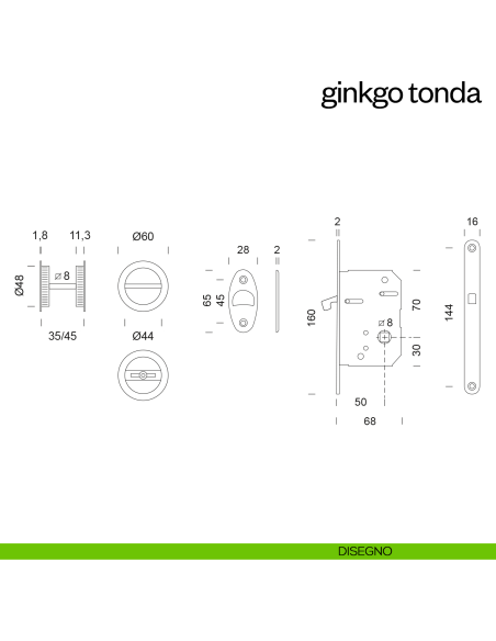 Maniglia incasso Ginkgo Tonda con nottolino e serratura dnd disegno