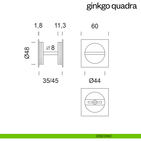 Maniglia incasso Ginkgo Quadra con nottolino dnd disegno
