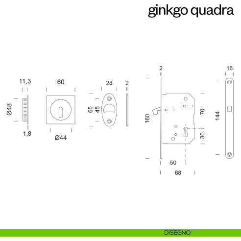 Maniglia incasso Ginkgo Quadra con foro chiave e serratura dnd disegno