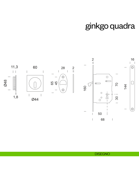 Maniglia incasso Ginkgo Quadra con foro chiave e serratura dnd disegno