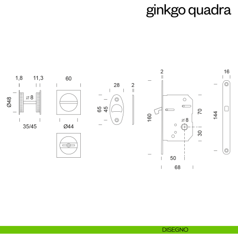 Maniglia incasso Ginkgo Quadra con nottolino e serratura dnd disegno