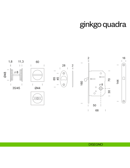Maniglia incasso Ginkgo Quadra con nottolino e serratura dnd disegno