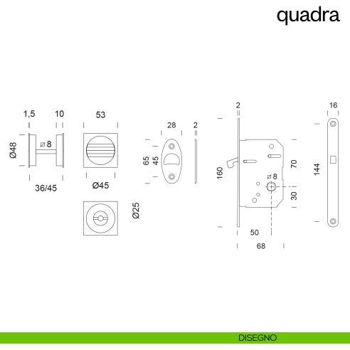 Maniglia incasso Quadra con nottolino e serratura dnd disegno