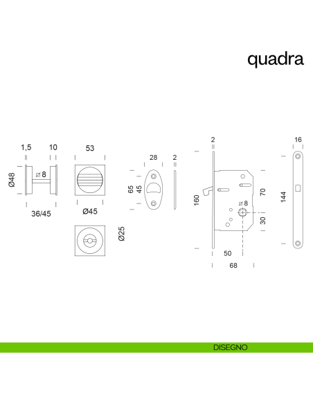 Maniglia incasso Quadra con nottolino e serratura dnd disegno