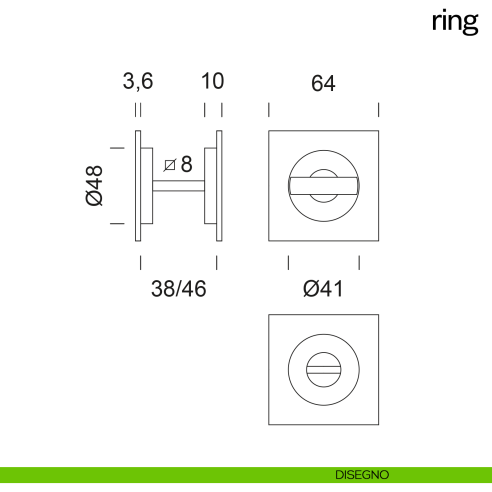 Maniglia incasso quadrata Ring con nottolino dnd disegno
