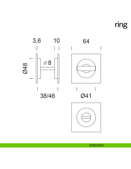 Maniglia incasso quadrata Ring con nottolino dnd disegno