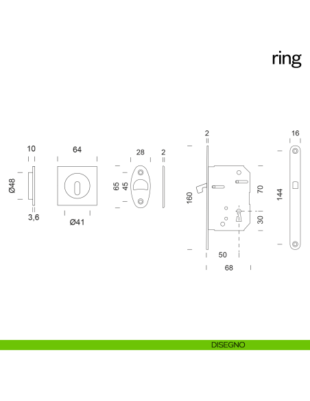 Maniglia incasso quadrata Ring con foro chiave e serratura dnd disegno