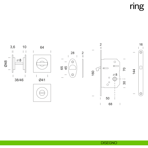 Maniglia incasso quadrata Ring con nottolino e serratura dnd disegno
