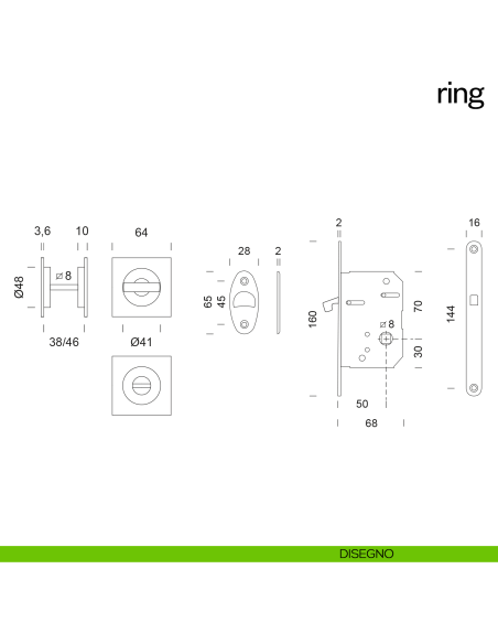 Maniglia incasso quadrata Ring con nottolino e serratura dnd disegno