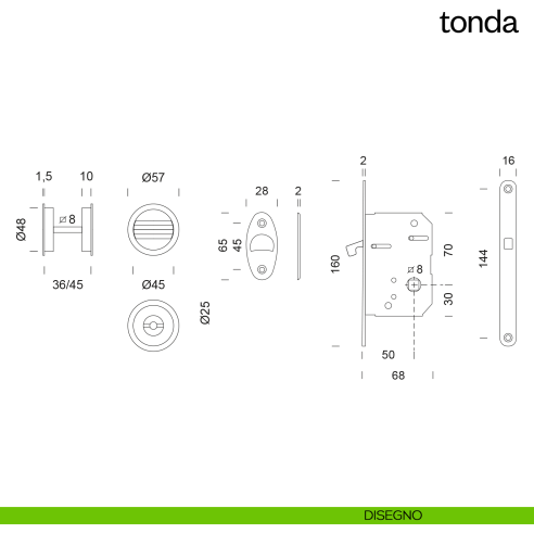Maniglia incasso Tonda con nottolino e serratura dnd disegno