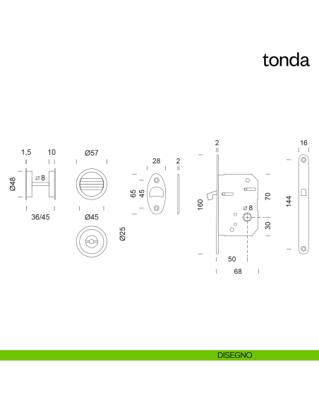 Maniglia incasso Tonda con nottolino e serratura dnd disegno