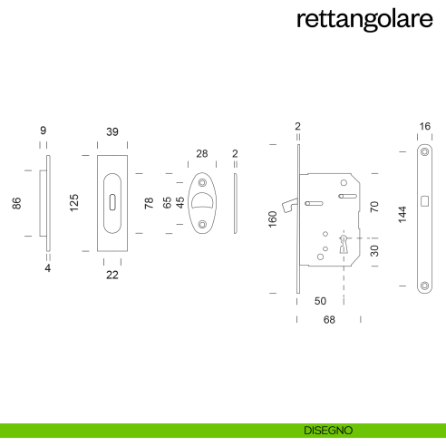 Maniglia incasso Rettangolare con foro chiave e serratura dnd disegno