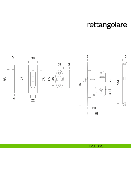 Maniglia incasso Rettangolare con foro chiave e serratura dnd disegno