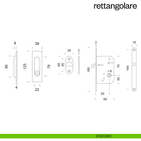 Maniglia incasso Rettangolare con nottolino e serratura dnd disegno
