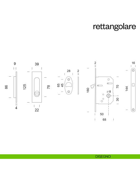 Maniglia incasso Rettangolare con nottolino e serratura dnd disegno