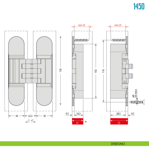Cerniera a scomparsa regolabile per porte Ceam 1450 - disegno