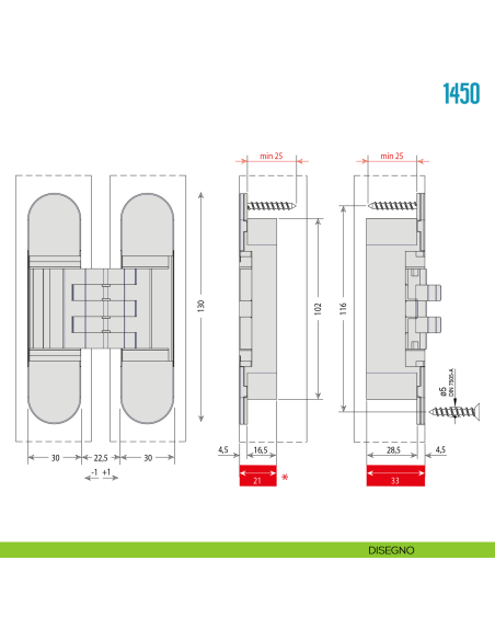 Cerniera a scomparsa regolabile per porte Ceam 1450 - disegno