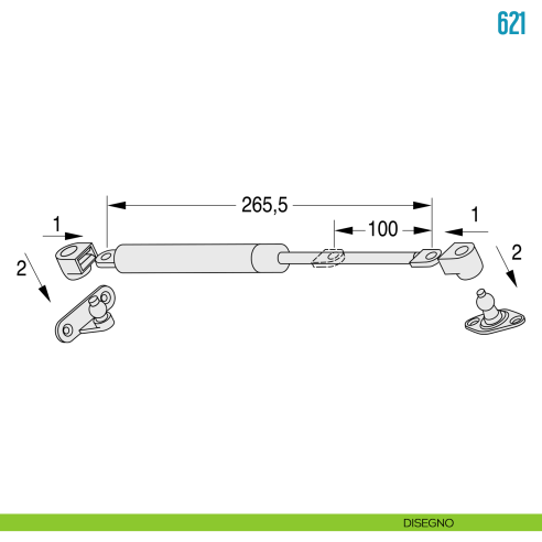 Pistone a gas per anta a ribalta verso l'alto 150 N Ceam 621 - disegno