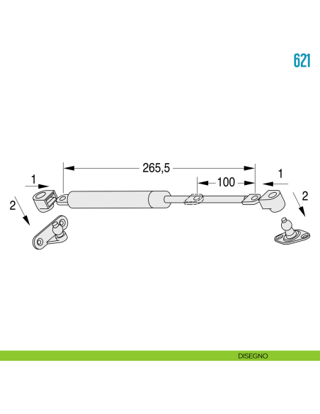 Pistone a gas per anta a ribalta verso l'alto 150 N Ceam 621 - disegno