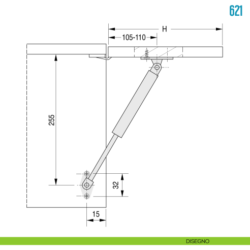 Pistone a gas per anta a ribalta verso l'alto 150 N Ceam 621 - disegno