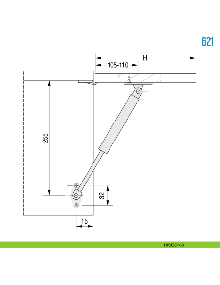 Pistone a gas per anta a ribalta verso l'alto 150 N Ceam 621 - disegno
