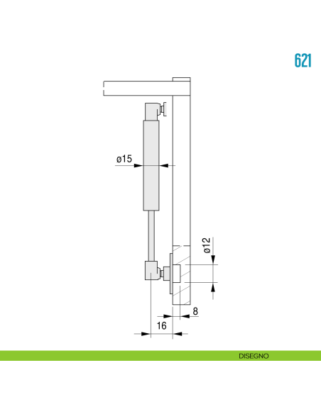 Pistone a gas per anta a ribalta verso l'alto 150 N Ceam 621 - disegno