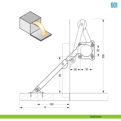 Snodo frenante per anta a ribalta verso il basso Ceam 601 - disegno
