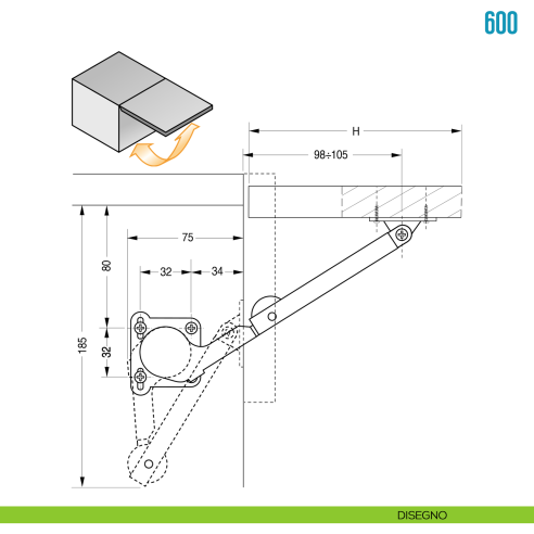 Snodo frenante per anta a ribalta verso l'alto Ceam 600 - disegno