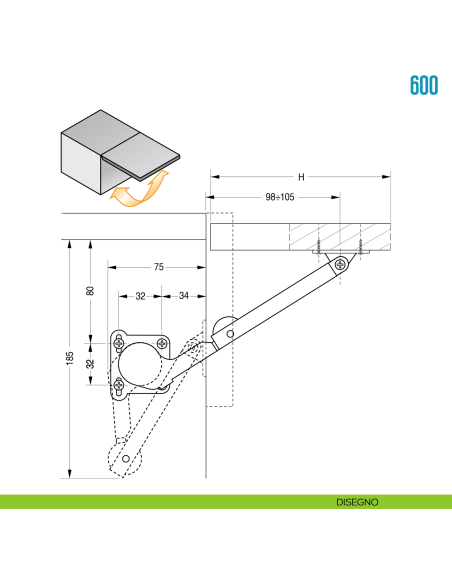 Snodo frenante per anta a ribalta verso l'alto Ceam 600 - disegno