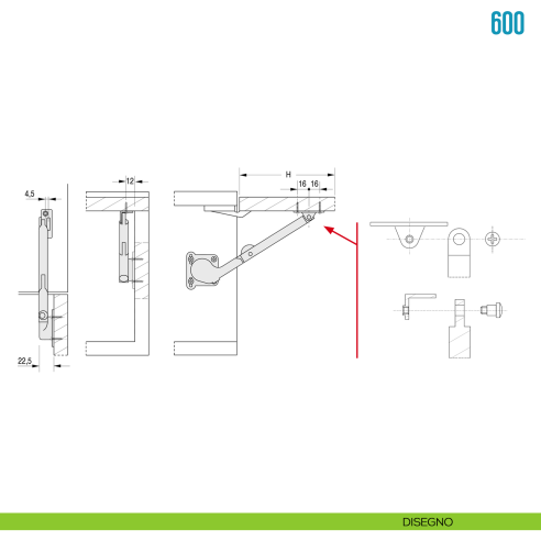 Snodo frenante per anta a ribalta verso l'alto Ceam 600 - disegno