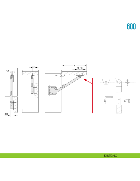 Snodo frenante per anta a ribalta verso l'alto Ceam 600 - disegno