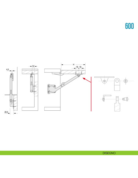 Snodo frenante per anta a ribalta verso il basso Ceam 601 - disegno