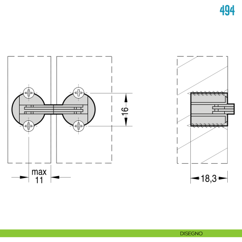 Cerniera cilindrica a scomparsa diametro 16 mm per mobile Ceam 494 - disegno