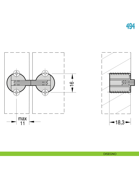 Cerniera cilindrica a scomparsa diametro 16 mm per mobile Ceam 494 - disegno