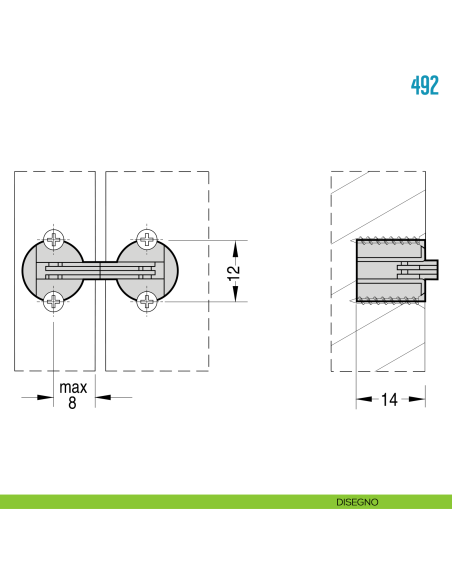 Cerniera cilindrica a scomparsa diametro 12 mm per mobile Ceam 492 - disegno