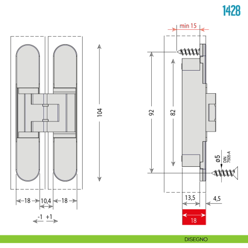 Cerniera a scomparsa regolabile per porte Ceam 1428 - disegno