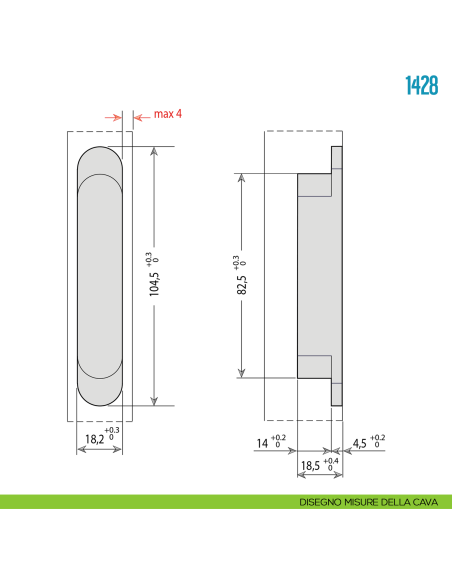 Cerniera a scomparsa regolabile per porte Ceam 1428 - disegno misure della cava