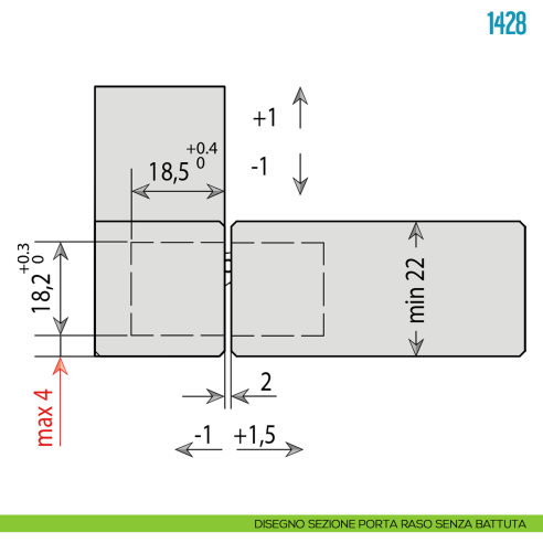 Cerniera a scomparsa regolabile per porte Ceam 1428 - disegno sezione porta raso senza battuta