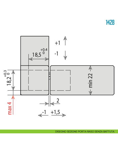 Cerniera a scomparsa regolabile per porte Ceam 1428 - disegno sezione porta raso senza battuta