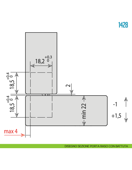 Cerniera a scomparsa regolabile per porte Ceam 1428 - disegno sezione porta raso con battuta
