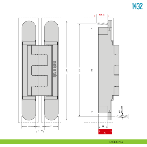 Cerniera a scomparsa regolabile per porte pesanti Ceam 1432 - disegno