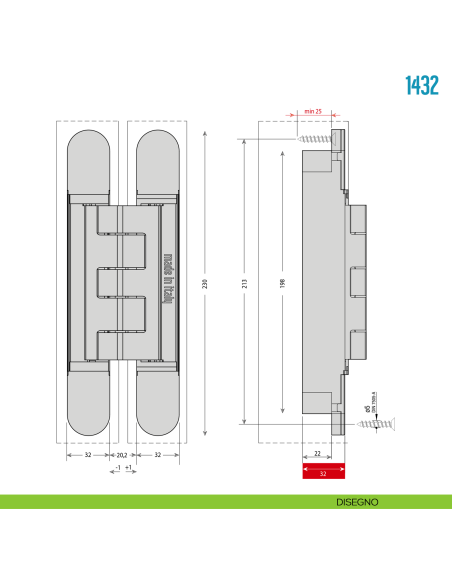 Cerniera a scomparsa regolabile per porte pesanti Ceam 1432 - disegno