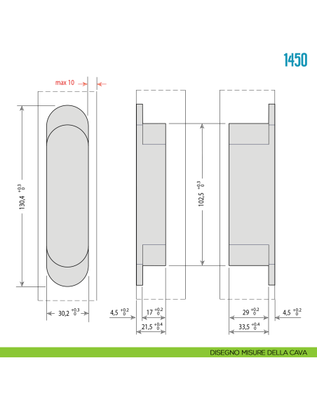 Cerniera a scomparsa regolabile per porte Ceam 1450 - disegno misure della cava
