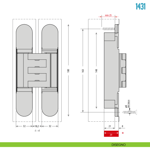 Cerniera a scomparsa argento regolabile per porte pesanti Ceam 1431 - disegno