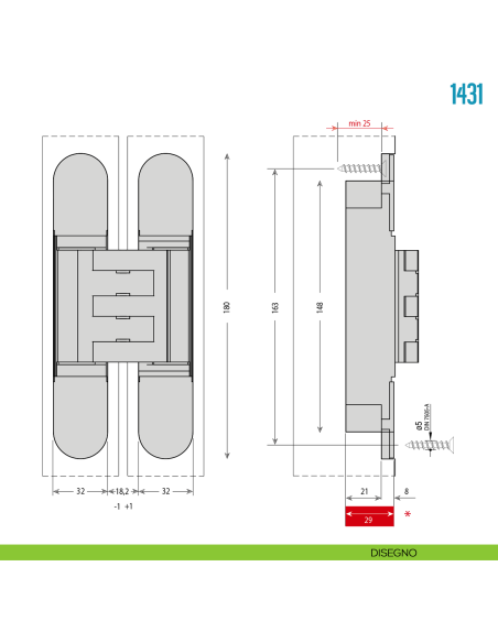 Cerniera a scomparsa argento regolabile per porte pesanti Ceam 1431 - disegno